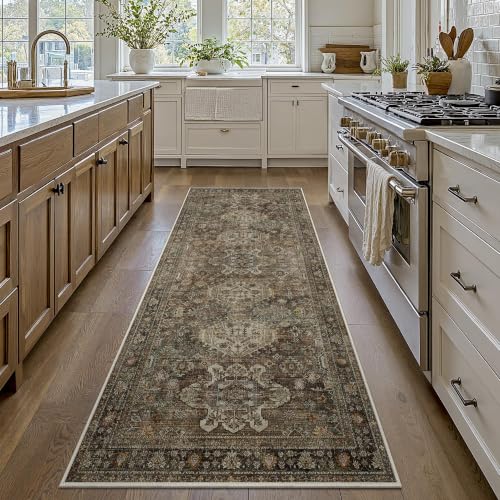 Bavni 2x12 Hallway Runner Rug, Non Slip Washable, Vintage Brown - color: Brown, size: 2' x 12' (Rectangular)
