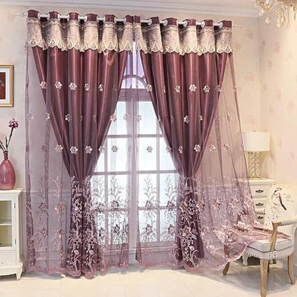 Amidoudou 1 Pair European Double Layer Curtains for Living Room Bedroom Luxury Flower Embroidered Curtains with Valance (Purple,52x84 Inch) - color: Purple, size: 52"W x 84"L (Pack of 2)