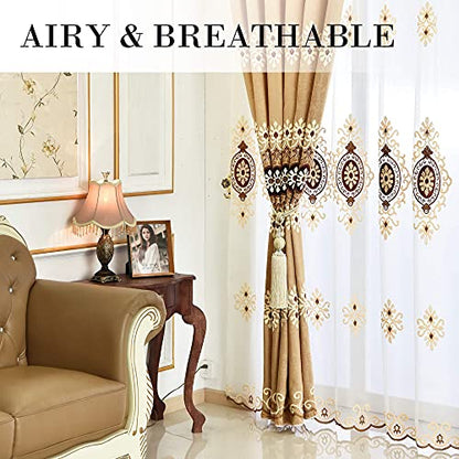 VOGOL Simple Chenille Jacquard Sheer Window Elegance Curtains/Drapes/Panels/Treatments for Bedroom Living Room, 60W x 106L, Top Grommets(2 Panels) - color: Coffee-sheer, size: 60"W x 106"L (Pack of 2)