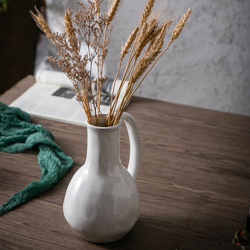 Tanvecle White Ceramic Vase with Big Handles, Modern Farmhouse Decor, Rustic Pottery for Flowers, Decorative Terracotta Centerpiece for Dining Table