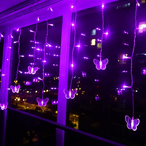 Purple Butterfly Curtain Fairy Lights USB Plug in,120 LED 8 Modes 20FT Firefly Twinkle Icicle String Lights with Remote Timer Waterproof for Halloween Bedroom Christmas Wedding Party Dorm - color: Purple