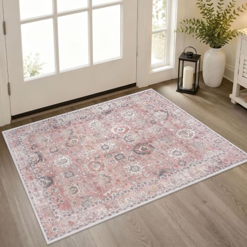 Lansny Vintage Washable Entryway Rug 2x3 Small Area Rug Non Slip Door Mat - color: Blush Pink, size: 2' x 3' (Rectangular)