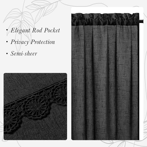 Gibelle Black Boho Farmhouse Living Room Curtains 63 Inch Length, Modern Country Window Curtain for Bedroom, Linen Bohemian Rustic Draperies - color: Black, size: 56"W x 63"L (Pack of 1)
