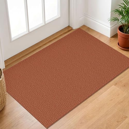 IOHOUZE Small Area Rug 2x3 Washable Woven Rugs for Entryway Non Slip Rubber Backed Front Door Rugs Indoor Doormat Throw Rug Floor Carpet for Entrance Kitchen, Burnt Orange/Tan - color: Brunt Orange/Tan, size: 2' x 3' (Rectangular)
