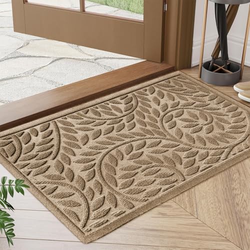 Bulijojo Front Door Mat Entrance,Durable Heavy Duty Welcome Mat,Thick Absorbent Natural Rubber Non Slip Mat,Sturdy Entryway Beige 17"x30" - color: Beige, size: 1'5" x 2'6" (Leaf)