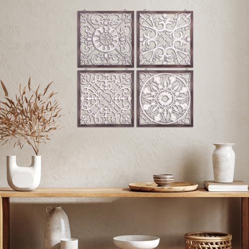 Tatuo 4 Pcs Wood Art Wall Decor Farmhouse Decorative Wood Panels Modern Wall Decor for Living Room Home Kitchen Dining Room(Square,Brown, White)