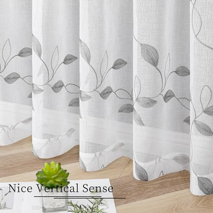 Tollpiz Grey Leaf Sheer Tier Curtains Kitchen 30 x 24 Inches - color: Grey, size: 30"W x 24"L (Pack of 2)