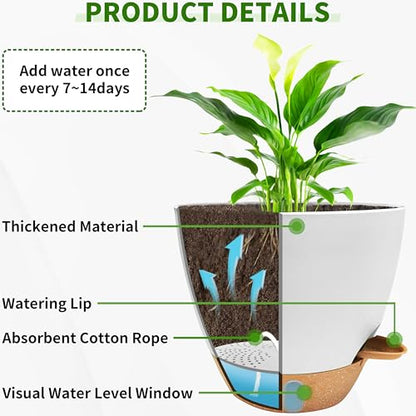 12/10/9/8 inch Self Watering Pots with Visual Water Window, Extra Large Self Watering Plant Pot with Drainage Holes and Saucers, White Flower Pots for Indoor Plants - color: White