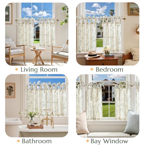 jinchan Green Floral Kitchen Tier Curtains Alisa 24 Inches Tie Top 2 Panles - color: Alisa Green on Linen, size: 26"W x 24"L (Pack of 2)