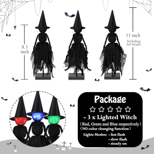 Halloween Decorations Indoor, Set of 3 Lighted Primitive Witch with Hat, Spooky Black Witches Figurines LED Lights Standing Table Decor Scary Table Centerpieces Tiered Tray Decor Shelves Mantels Home