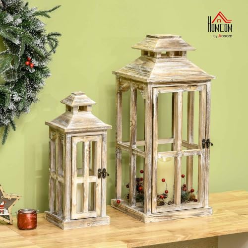 HOMCOM 2 Pack 28"/20" Wooden Lantern Decorative, Indoor/Outdoor, Natural