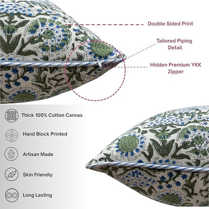 ATOSII Cotton Blockprint Throw Pillow Cover, Clover Blue, Set of 2, 24 x 24 - color: Clover Blue, size: 24" x 24" (Pack of 2)
