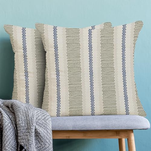AEIOAE Sage Green Navy Blue Outdoor Pillow Covers 16 x 16 Inch, Beige Polka Dots Stripe Decor Throw Pillows for Couch Bed, Boho Modern Farmhouse Decorative Pillowcase Linen Cushion Cover Set of 2 - color: Sage Green Blue, size: 16" x 16" (Pack of 2)