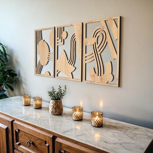 qmmp Modern Wooden Wall Sculptures - Set of 3 - Home Decor Accent - Large Wall Art for Living Room, Bedroom, Office - Easy Installation (Oak, Medium - Abstract Shapes) - color: Oak, size: Medium - Abstract Shapes