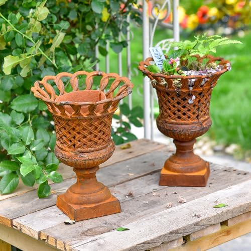 Sungmor Cast Iron Rust Urn Planter - 10 Inches Hollow Trophy-Shaped Design - color: Rust Color - Urn