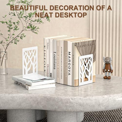 VFINE Withe Bookend 4-Piece, Tree Design Bookends for Shelves, Metal Book Ends for Desk, Decoration Stylish Bookshelf Bookends for Home Office School Supplies - style: White bookend 2 pairs