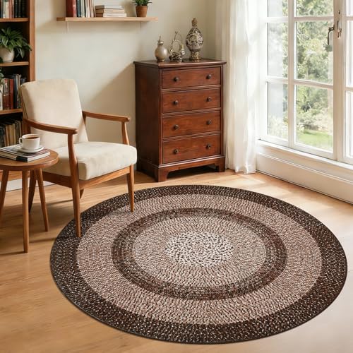 RUGSREAL Modern Bordered Round Area Rug 4ft Washable Bedroom Circle Rugs - color: Brown, size: 4' (Round)
