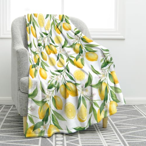 Jekeno Lemon Floral Throw Blanket 50"x60" White, Yellow Green Leaves - color: White Yellow, size: 50"x60"