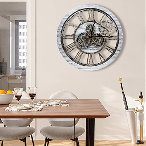 The B-Style Large Wall Clock 24 inch Moving Gear Wall Clock Oversized Vintage Farmhouse Wall Clocks for Living Room Decor Rustic Industrial Wood Clock (Silver Gray and Bronze) - color: Silver Gray, size: 24 inch (60 cm)