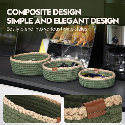 Sea Team 3-Pack Compact Nesting Woven Cotton Rope Storage Baskets, Green - color: Green & Jute
