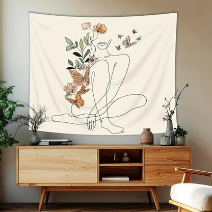 Abstract Woman Tapestry Butterfly Mid Century Modern Flower Wall Hanging - color: Beige Woman Sitting, size: 51"L x 59"W