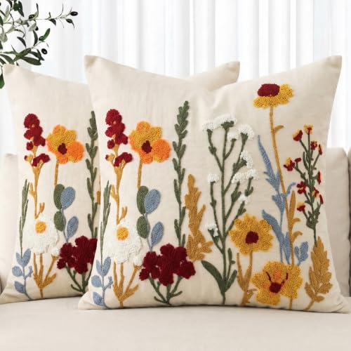 AVOIN colorlife Pastel Poppy Flowers Embroidered Throw Pillow Covers, 18 x 18 Inch Flower Cluster Tufted Patterned Linen Cushion Case Decoration for Sofa Couch Set of 2 - size: 18" x 18" (Pack of 2)