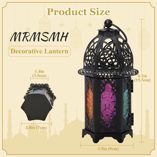 6.7'' Moroccan Lanterns Decorative Indoor & Outdoor Vintage Candle Holder Hanging Tabletop Metal Ramadan Lanterns with Six Color Glasses for Home Patio Porch Decor (Black) - color: Black