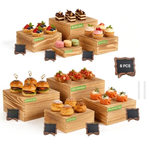 8 Pack Wooden Buffet Risers for Food Display, 8 Mini Sign