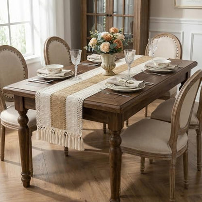 Boho Macrame Table Runner with Tassels 108in Brown Farmhouse Runner - color: White & Brown, size: 12'' x 108''