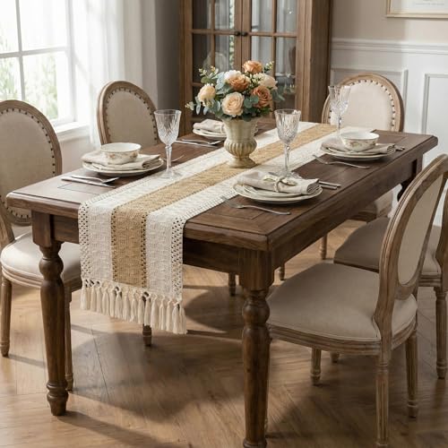 Boho Macrame Table Runner with Tassels 90in Brown Farmhouse Runner - color: White & Brown, size: 12'' x 90''