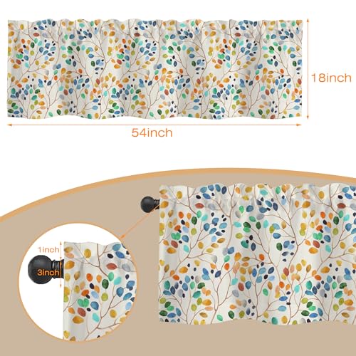 Curtain Valances, Bright Watercolor Colorful Leaves Spots Semi Sheer Kitchen Windows Valances, Rod Pocket Short Window Treatment Light Filtering Decor Valances for Kitchen Living Room Bedroom -54"x18" - color: Colorful Leaves, size: 18"W x 54"L (Pack of 1