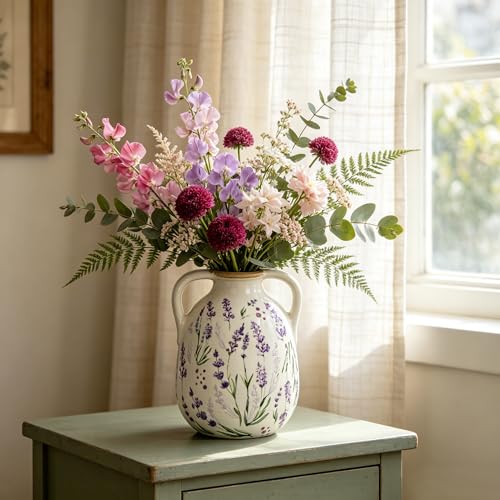 Blue and White Flower Vase for Home Decor 8.4'' Chinoiserie Ceramic Vase - color: Purple & White