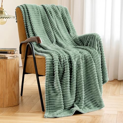 MIULEE Fleece Throw Blanket with Stripe Pattern 300GSM Super Soft Fuzzy Sage Green 3D Ribbed Jacquard Blanket for Couch Plush Warm Cozy Bed Blanket for Bed Sofa Chair Throw Size 50"x60" - color: Sage Green, size: 50"x60"