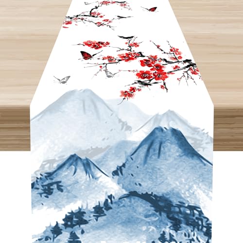 Japanese Table Runner, Vintage Cherry Blossom Traditional Landscape Ink Painting Asian Nature Mountain Scenery Print Table Runners for Indoor Outdoor Home Party Holiday Decor 13x36 inch - color: Cherry Blossom-6, size: 13x36" Table Runner
