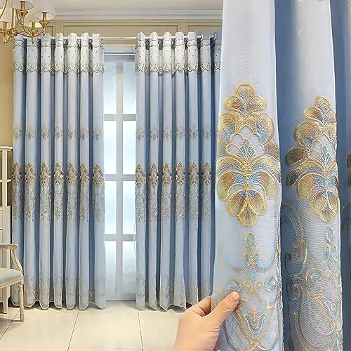 Amidoudou 1 Pair European Curtains with Valance Attached Double Layer Curtains for Living Room Bedroom (Blue,51x84 Inch) - color: Blue, size: 51"W x 84"L (Pack of 2)