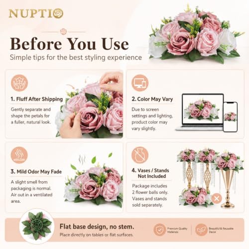 NUPTIO Flower Balls for Table Centerpieces: Dusty Pink & White Fake Flowers - color: Dusty Rose & White, size: 2 Pcs