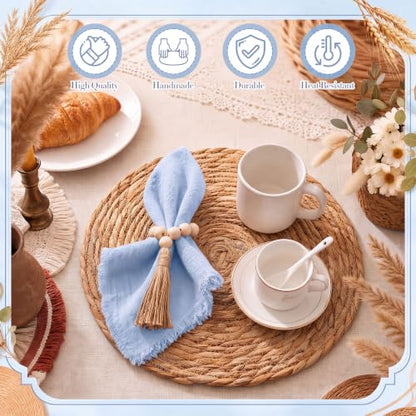 Fanfanwin Set of 6 Boho Woven Placemats with Light Blue Napkins, 13 in - color: Light Blue