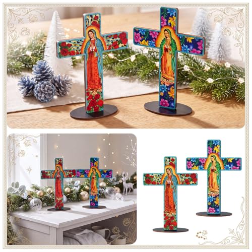 Yuntau 2 Pcs Floral Cross Table Decor Wooden Our Lady of Guadalupe Tabletop - style: Floral Cross