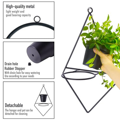 Geometric Wall Planters for Indoor Plants Set of 3 Black Metal Wall Mounted Plant Holder (Diamond & Oval & Round Shapes) with 5 Inch Flower Pots, Modern Hanging Planters for Indoor Decor