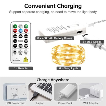 8 Pack Rechargeable LED Fairy Lights 7Ft 20LED Battery Operated - color: White