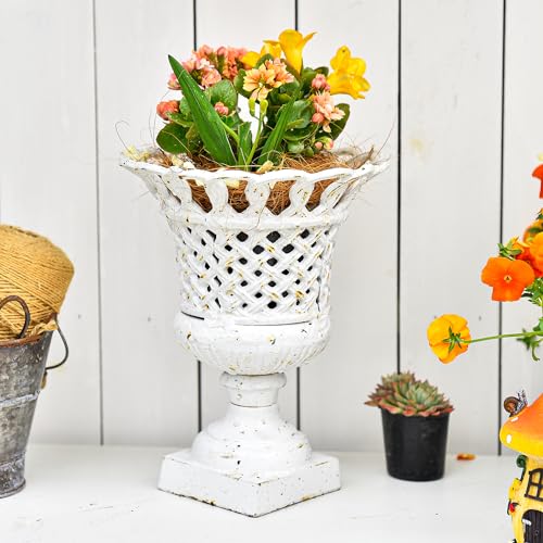 Sungmor Cast Iron White Urn Planter - 10 Inches Hollow Trophy-Shaped Design - color: Antique White - Urn