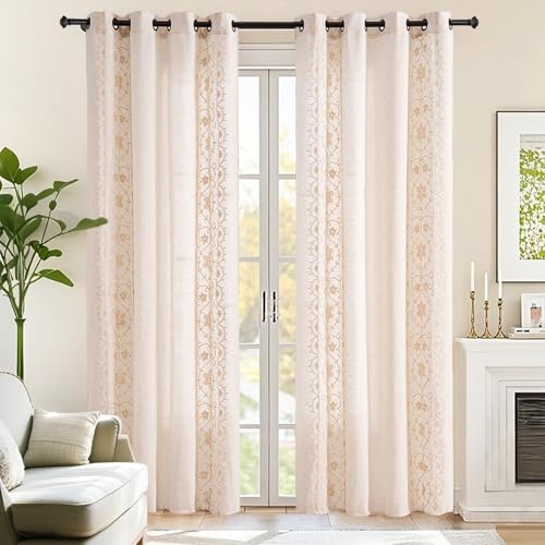 Beige Boho Farmhouse Floral Linen Curtains 72 Inch Grommet 2 Panels - color: Ivory on Beige, size: 52"W x 72"L (Pack of 2)