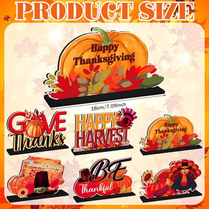 CroBlissful 6 Pcs Thanksgiving Wood Table Centerpiece, Turkey Pumpkin Decor - style: Thanksgiving