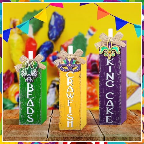 MiniInflat Mardi Gras 3 Pcs Table Decor, Wooden Block Sign Tiered Tray - style: Mardi Gras