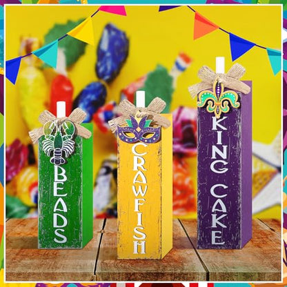MiniInflat Mardi Gras 3 Pcs Table Decor, Wooden Block Sign Tiered Tray - style: Mardi Gras