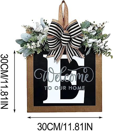 Last Name All Year Round Front Door Wreath with 26 Initial Letter Welcome Sign All Seasons Eucalyptus Garland and Bow ，Farmhouse, Porch, for Spring Summer Fall All Seasons Holiday Halloween Christmas.（E） - color: E