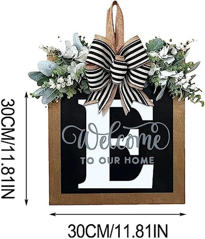Last Name All Year Round Front Door Wreath with 26 Initial Letter Welcome Sign All Seasons Eucalyptus Garland and Bow ，Farmhouse, Porch, for Spring Summer Fall All Seasons Holiday Halloween Christmas.（E） - color: E