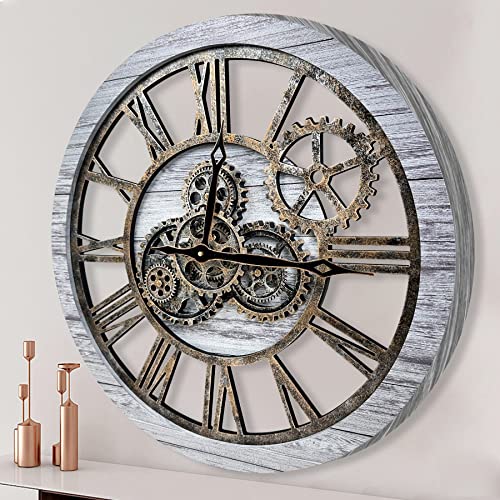 The B-Style Large Wall Clock 24 inch Moving Gear Wall Clock Oversized Vintage Farmhouse Wall Clocks for Living Room Decor Rustic Industrial Wood Clock (Silver Gray and Bronze) - color: Silver Gray, size: 24 inch (60 cm)