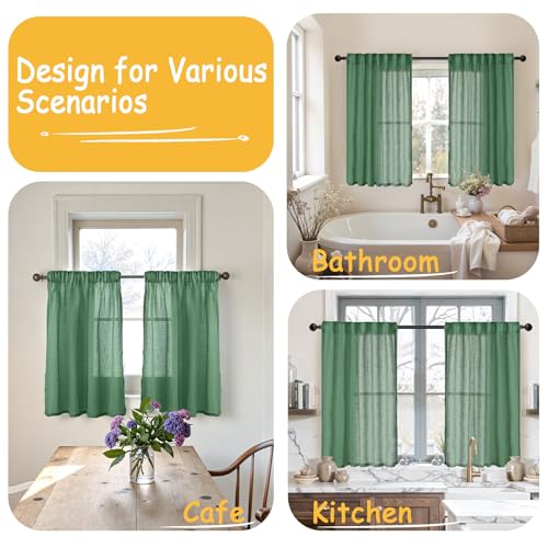 YoungsTex Green Linen 주방 창문 커튼 101.6cm(40인치) 길이 - 뒷면 탭 로드 포켓이 있는 작은 세미 시어 드레이프 경량 카페 욕실 창문용, 패널 2개, 86.4 x 101.6cm(34 x 40인치) - color: 초록색., size: 34"W x 40"L (Pack of 2)