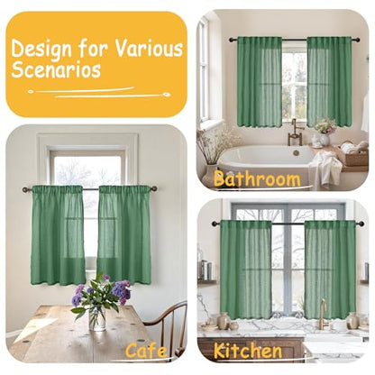 YoungsTex Green Linen 주방 창문 커튼 101.6cm(40인치) 길이 - 뒷면 탭 로드 포켓이 있는 작은 세미 시어 드레이프 경량 카페 욕실 창문용, 패널 2개, 86.4 x 101.6cm(34 x 40인치) - color: 초록색., size: 34"W x 40"L (Pack of 2)